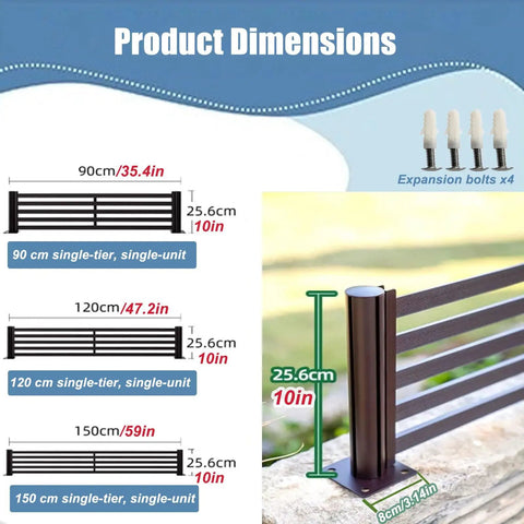 Rock Solid Horizontal Aluminum Deck Railing Featuring A Clean Matte Drip And Fully Custom Backyard Extenders dimensions with 90cm, 120cm, and 150cm sizes.