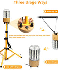 Three usage ways of 100W LED Tripod Work Light With Stand, 14000 Lumen Corded Jobsite Light, 360 Degree Coverage shown