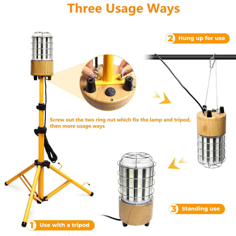 Three usage ways of 100W LED Tripod Work Light With Stand, 14000 Lumen Corded Jobsite Light, 360 Degree Coverage shown