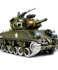 1 To 18 Scale RC M4A3 Sherman Tank With Alloy Tracks, BB Firing Action, Smoke, Lights And Dope Sound, Realistic Military Army Toy For Adults And Kids, 2 Rechargeable Batteries, 2.4G Remote US Version portraying realistic design in close-up view.