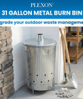 Outdoor 31 Gallon Burn Barrel For Trash Leaves And Paper Galvanized Steel Burn Can Cage Bin With Chimney Lid displayed in backyard