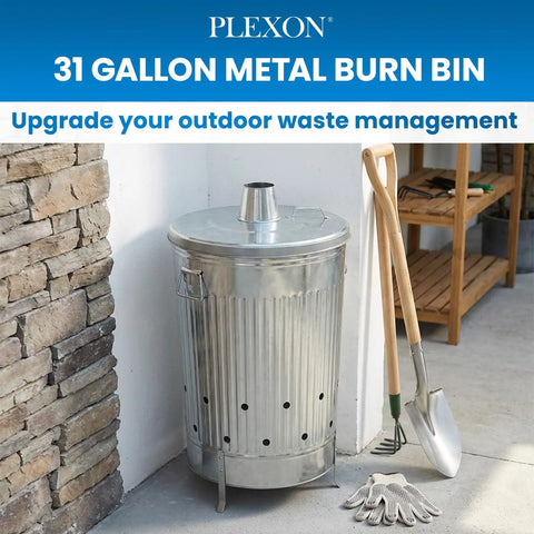 Outdoor 31 Gallon Burn Barrel For Trash Leaves And Paper Galvanized Steel Burn Can Cage Bin With Chimney Lid displayed in backyard