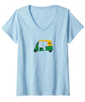 Women's Auto Rickshaw Graphic V Neck T Shirt Designed With Lightweight Classic Fit And Double Needle Sleeve Plus Bottom Hem In Solid Black For Daily Chill Vibes And Totally Fresh Casual Style, displayed on light blue fabric.