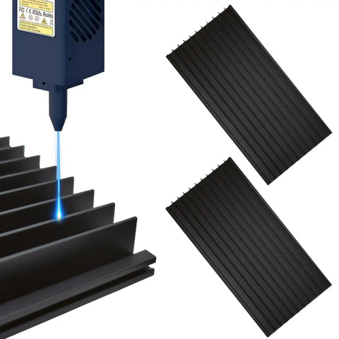 Two Pack Honeycomb Laser Bed Panels in Black Anodized Aluminum for Laser Engravers and Cutters, shown with blue laser beam.