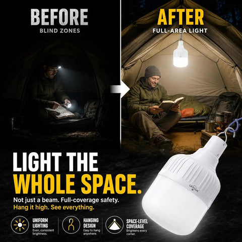 Comparison of Go To All Night Camping Lantern Dimmable 8800mAh LED with and without full-area light in tent setup.