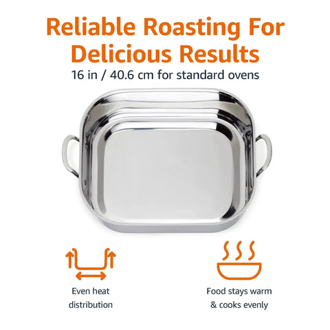 Heavy Gauge Stainless Steel Rectangular Roasting Pan With V Shape Rack Big Bird Turkey Roaster Oven Safe Dishwasher Ready 16 Inch Sturdy Handles Total Kitchen Flex