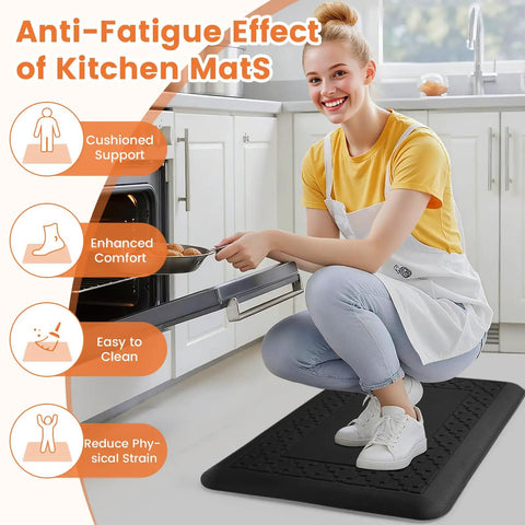 Woman kneeling on black Ultra Thick Four Fifths Inch Cushy Memory Foam Kitchen Mat Non Slip Anti Fatigue Rug for standing at the sink