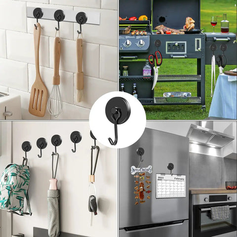 Heavy Duty Magnetic Hooks 120Lb Capacity With 180 Degree Swivel Rotating Design Neodymium Hook Magnets For Hanging In Home Office Garage Metal Doors Pack Of 4, shown hanging utensils, towels, and bags on various surfaces.