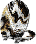 Elongated Toilet Seat for Bathroom with black and white marbled pattern, 14.5" x 18.5", chrome hinges.