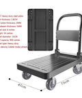 Sweet Hauling Folding Cart With 6-Inch Rubber Wheels And Secure Brakes For Truck Trailer Transport shown from side with detailed dimensions and specs.