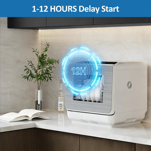 Compact Countertop Dishwasher Packing 152 Oz Water Tank And Six Wash Cycles That Fit 12 Inch Plates No Sweat Energy Star Certified 12 Hour Delay Setting on kitchen counter.
