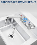 Rock Solid Wall Mount Kitchen Faucet With Swivel Spout And Dual Handles, chrome finish, 360° swivel for utility sink use.