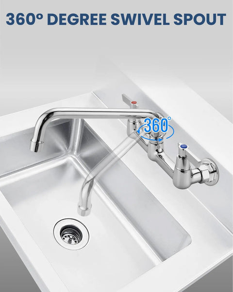Rock Solid Wall Mount Kitchen Faucet With Swivel Spout And Dual Handles, chrome finish, 360° swivel for utility sink use.