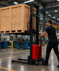 Heavy Duty 5000 Lb Semi Electric Pallet Stacker With 118 Inch Lift Height And 5.2 Kw Motor lifting wooden crate in warehouse.