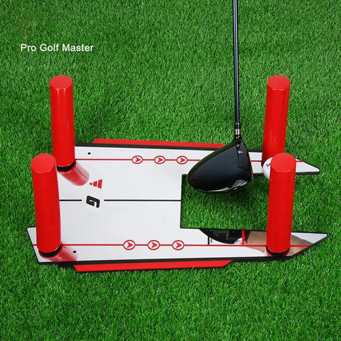 Golf Swing Training Aid With Pro Grade Putting Mirror And Alignment Mat on grass, showing swing path alignment features.
