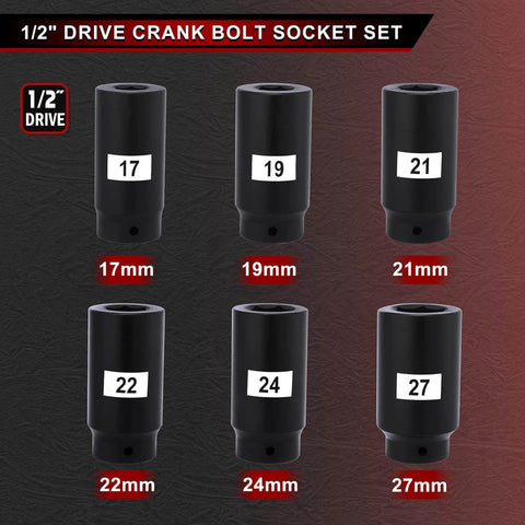 Beefed-Up Six-Piece One Half Inch Drive Crank Bolt Socket Set With 17mm 19mm 21mm 22mm 24mm 27mm Harmonic Balancer Sockets