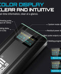 Cordless Battery Spot Welder Handheld Mini Welding Machine With 2000mAh Rechargeable Battery Portable Weld Tool For Nickel Plated Sheets Up To 0.2mm Ideal For Battery Pack Assembly And Repair With Real Time Display featuring a color display showing system and power modes.