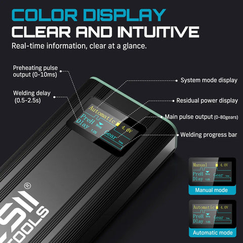 Cordless Battery Spot Welder Handheld Mini Welding Machine With 2000mAh Rechargeable Battery Portable Weld Tool For Nickel Plated Sheets Up To 0.2mm Ideal For Battery Pack Assembly And Repair With Real Time Display featuring a color display showing system and power modes.