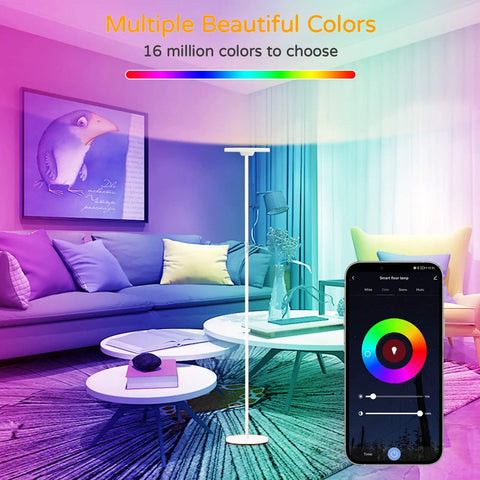 Smart RGB Floor Lamp With Alexa And Google Home WiFi, casting colorful lights in a living room with a smartphone app interface.