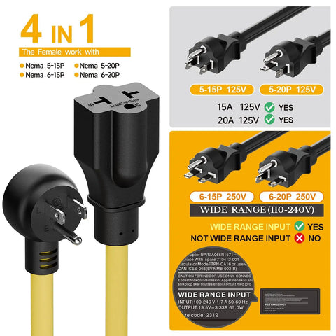 Heavy Duty Four In One NEMA Adapter Cord 12AWG For 5 15P To 5 15R 5 20R 6 15R 6 20R Indoor Outdoor SJTW Extension Cable 15A 125V Yellow