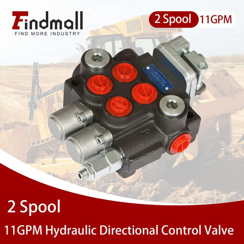 Front view of a 2-spool hydraulic directional control valve, black cast body with red port plugs and metal fittings.