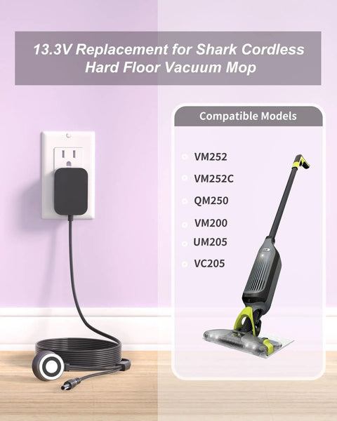 Shark VM252 VM252C QM250 VACMOP Pro magnetic charger plugged into wall outlet, compatible model list displayed.
