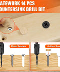 Pro Grade Countersink Drill Bit Set 15Pcs M2 Cobalt HSS Woodworking Kit showing flush and hidden screw applications on wood.