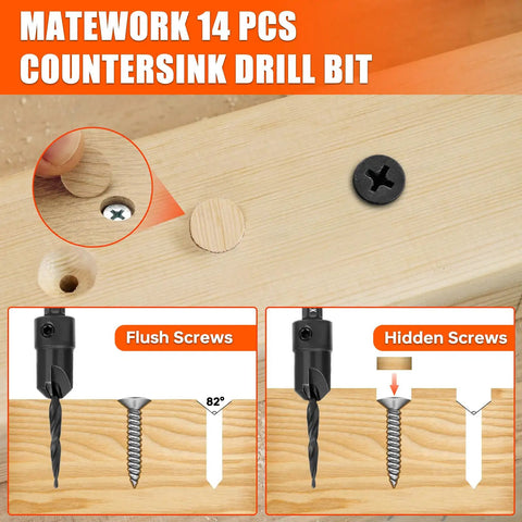 Pro Grade Countersink Drill Bit Set 15Pcs M2 Cobalt HSS Woodworking Kit showing flush and hidden screw applications on wood.