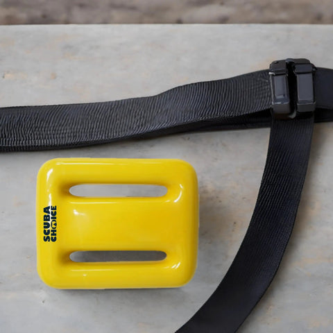 Vinyl Coated Diving Weights Pro Grade 2.3 Lb For Precise Buoyancy And Max Stability In Freediving Spearfishing And Scuba Compact And Durable Yellow Gear That Fits 2 Inch Webbing Belt shown with black belt