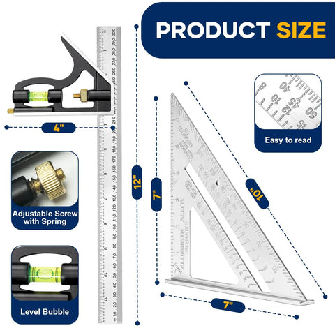 Killer Combination Square And 12 Inch Rafter Square Carpenter Tool Set dimensions showing a 12 inch ruler and 7 inch rafter square.