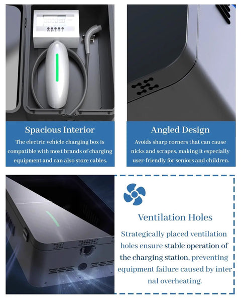 Top Shelf Outdoor EV Charger Pedestal With Keypad Lock For Tesla Model Y weatherproof charging box with spacious interior and ventilation holes.