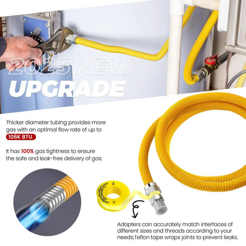 72 Inch Flexible Stainless Steel Gas Line Kit For Dryer Stove And Range, Preinstalled Fittings, yellow corrugated design