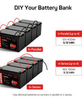 Heavy-Duty 12V 100Ah LiFePO4 Deep Cycle Battery With 100A BMS shown in parallel and series connections for battery bank