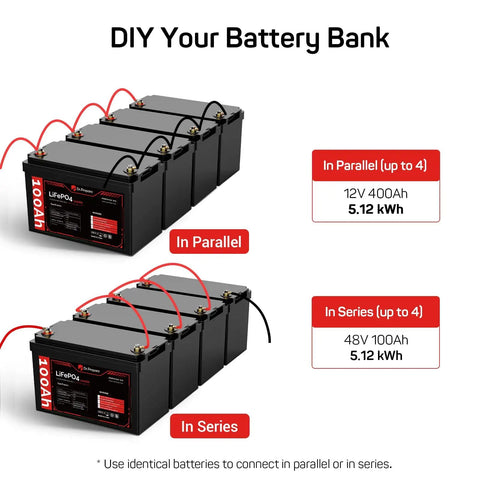 Heavy-Duty 12V 100Ah LiFePO4 Deep Cycle Battery With 100A BMS shown in parallel and series connections for battery bank