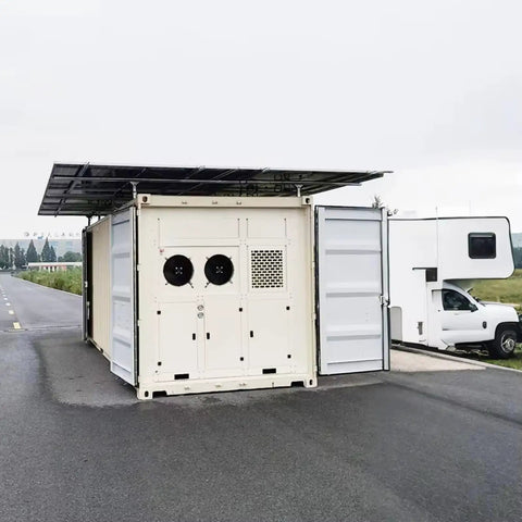 Built Tough Off Grid Modular Cold Room And Walk In Freezer System Featuring Solar Powered Blast Chiller For Commercial Food Storage With Quick Install and exterior view showing solar panels and large doors.