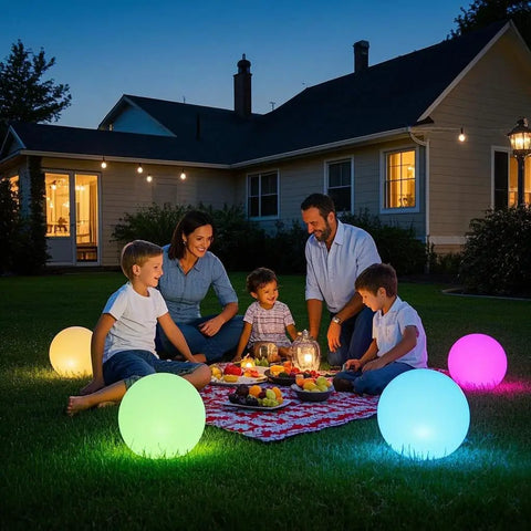 Family enjoying evening picnic illuminated by 16 Inch Rechargeable LED Glowing Ball Light with Remote Waterproof Orb Lamp