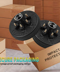 Complete 12 Inch Trailer Brake Drum Kit Includes Heavy Duty Bearings And Rock Solid Grease Caps Fits 6 Lugs On 5.5 Inch Pattern for 5200 to 6000 lb axles, showing black brake drums.