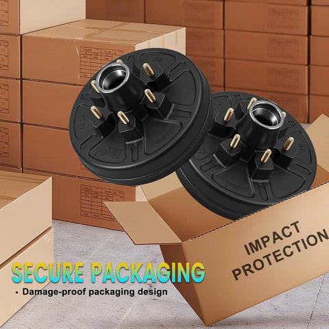 Complete 12 Inch Trailer Brake Drum Kit Includes Heavy Duty Bearings And Rock Solid Grease Caps Fits 6 Lugs On 5.5 Inch Pattern for 5200 to 6000 lb axles, showing black brake drums.