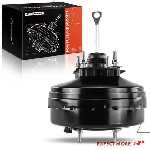 Heavy Duty Vacuum Brake Booster With Integrated Sensor For Cadillac And Chevy Models Direct Swap Engineering front view with packaging