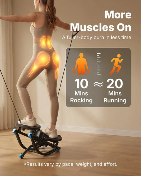 Woman using Smooth 3D Motion Rocking Stepper For Home Workouts Hits Different With Side To Side Action to tone legs and glutes.