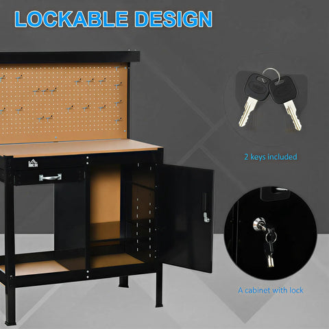 Boss Level Multipurpose Workbench With Lockable Storage Cabinet And Slide Drawer, pegboard, and keys on display
