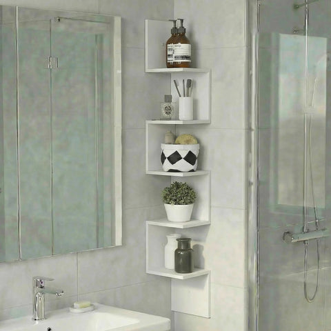 Corner Wall Shelves 5-Tier S-Shape Floating Rack In White, Space-Saving Corner Display Shelf For Bathroom, Bedroom, Living Room, Easy Assembly, Modern Wall Mount Shelf For Books, Decor, And Small Items.
