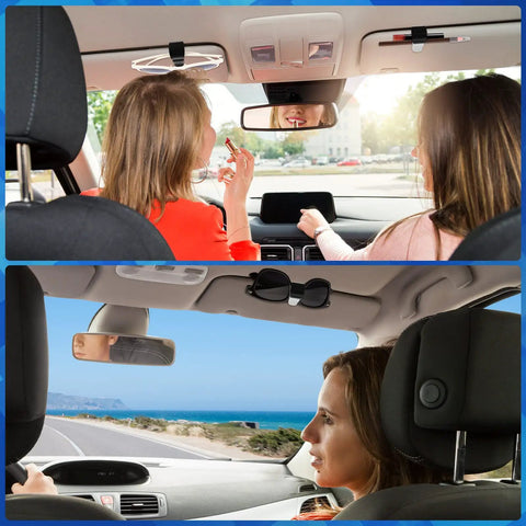 Car Visor Clip Set With Silicone Non Slip Pad Keeps Sunglasses And Glasses Handy Plus Pen Holder Ticket Clip And Sun Visor Hanger For Vehicle Four Pack In Black And White shown in use inside vehicle cabin.