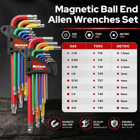 Top Tier 28-Piece Color-Coded Hex Key And Torx Wrench Set With Magnetic Ball Ends For SAE Metric Bolt Fixin' Plus T-Handle Speed Wrench Tool Kit Perfect For Guys Who Like Pro Gear, color-coded S2 steel set