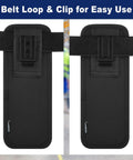 Universal Barcode Scanner Holster With Open Face Access, Belt Loop And Clip Attachment shown in front and back view.