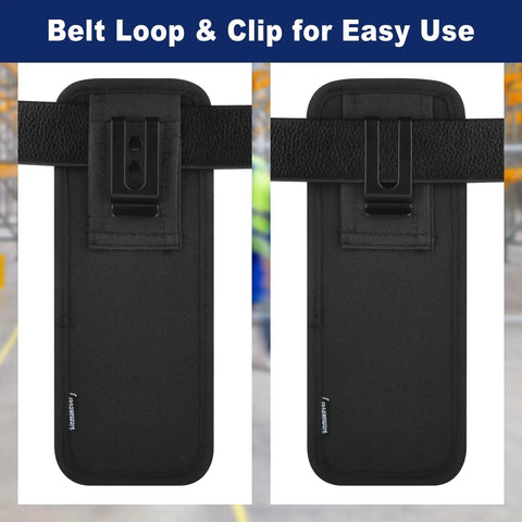 Universal Barcode Scanner Holster With Open Face Access, Belt Loop And Clip Attachment shown in front and back view.