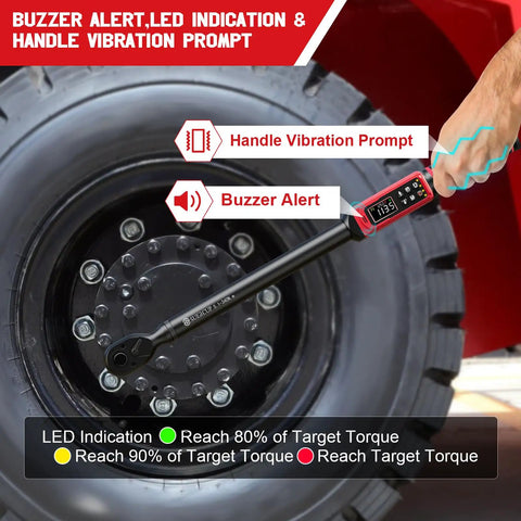 One Half Inch Drive Digital Torque Wrench With Range 5.1 To 340 Nm And 3.8 To 250.8 Ft Lb, One Percent Accuracy in use on car tire
