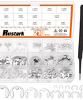 Stainless Steel E Clip External Retaining Ring Set 211Pcs Assortment in 14 Sizes with Tweezers 304 Grade Circlip Kit Displayed