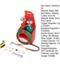 Brass Torch Welding And Cutting Kit With Dual Gauge CGA540 CGA200 12ft Twin Hose Empty 4L And 2L Tanks in red carrier.