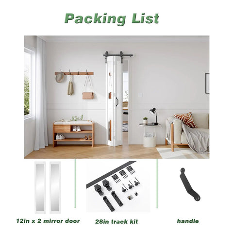 Packing list for White Bifold Barn Doors 24X84 Inch Featuring Killer Full Length Mirror with hardware and handle.